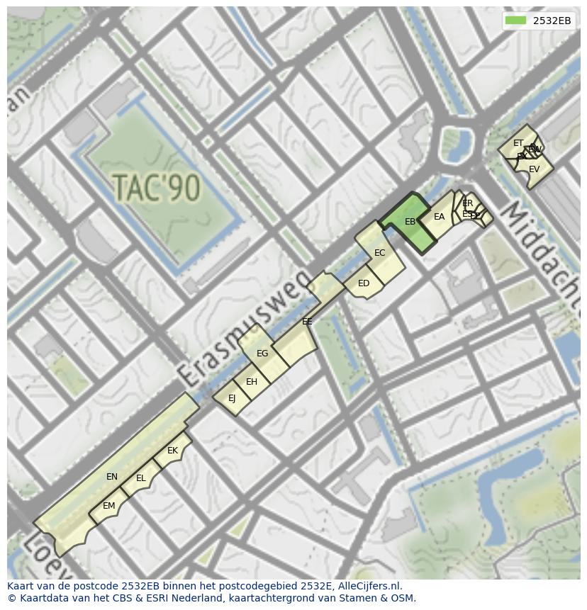 Afbeelding van het postcodegebied 2532 EB op de kaart.