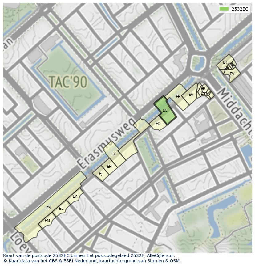 Afbeelding van het postcodegebied 2532 EC op de kaart.