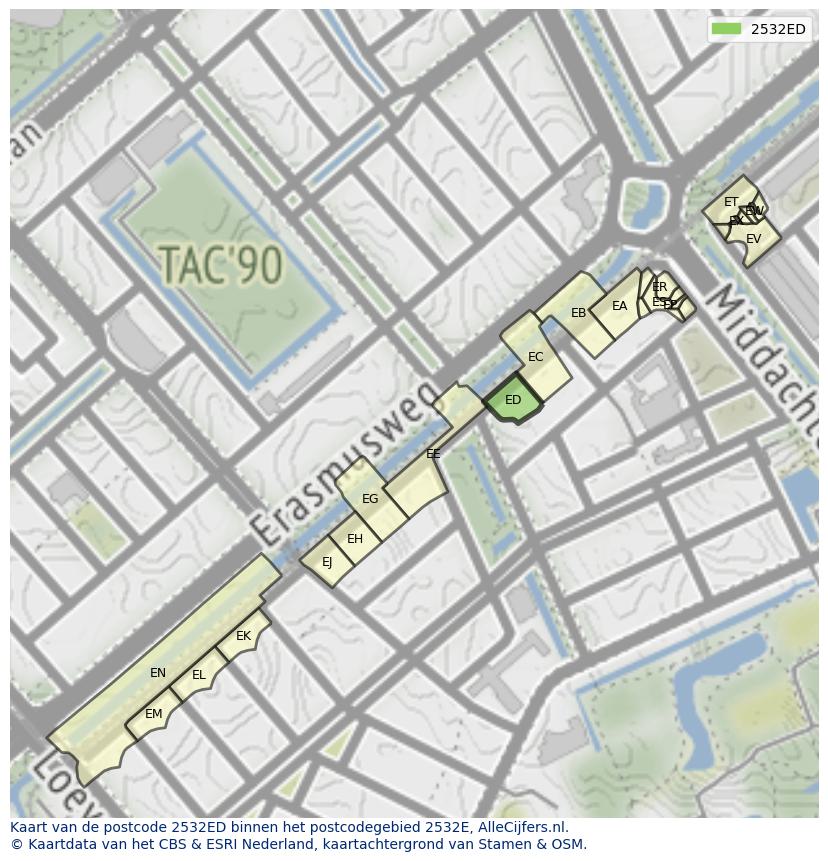 Afbeelding van het postcodegebied 2532 ED op de kaart.