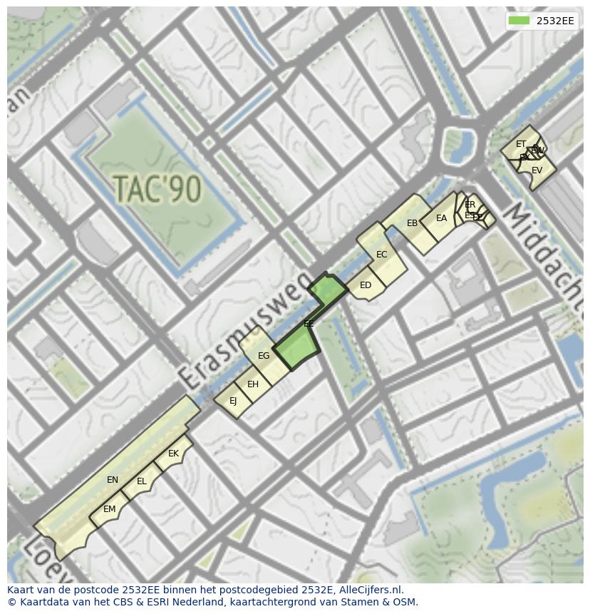 Afbeelding van het postcodegebied 2532 EE op de kaart.