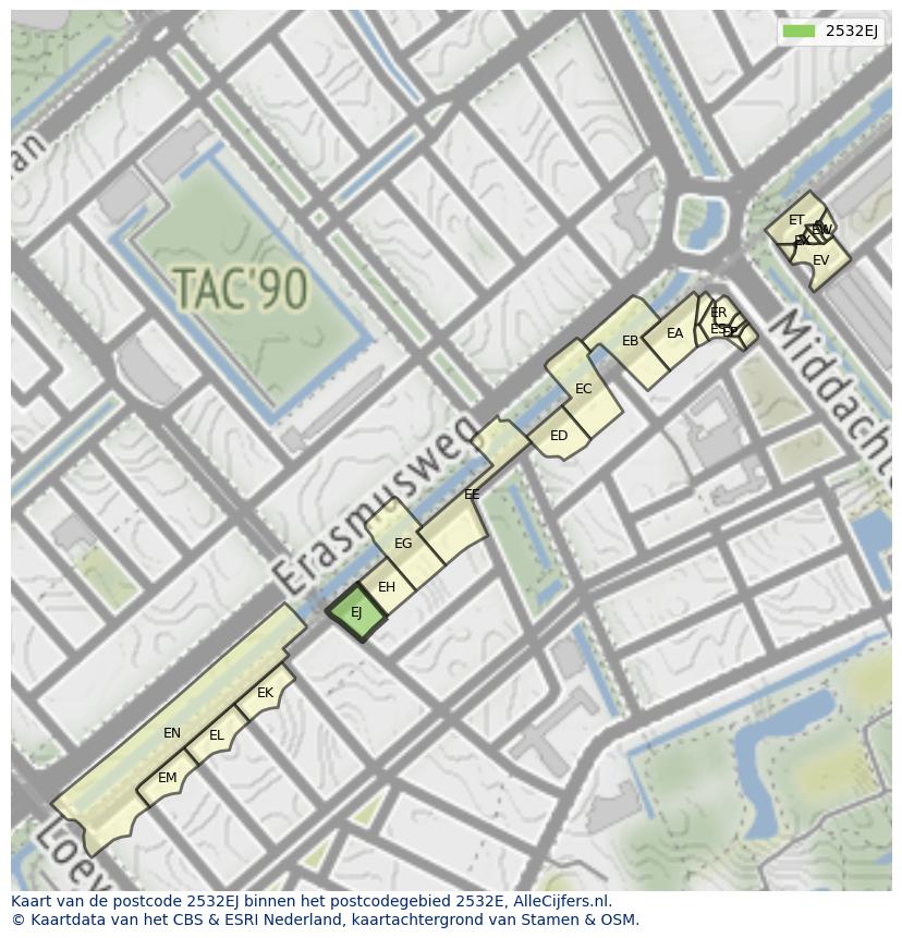 Afbeelding van het postcodegebied 2532 EJ op de kaart.