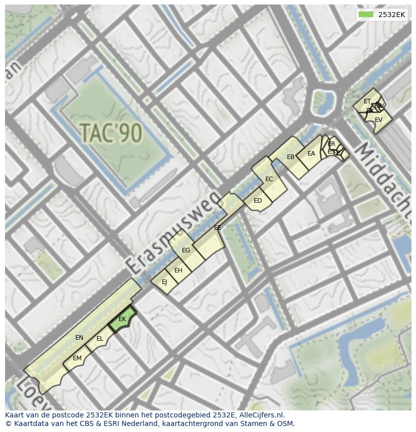 Afbeelding van het postcodegebied 2532 EK op de kaart.