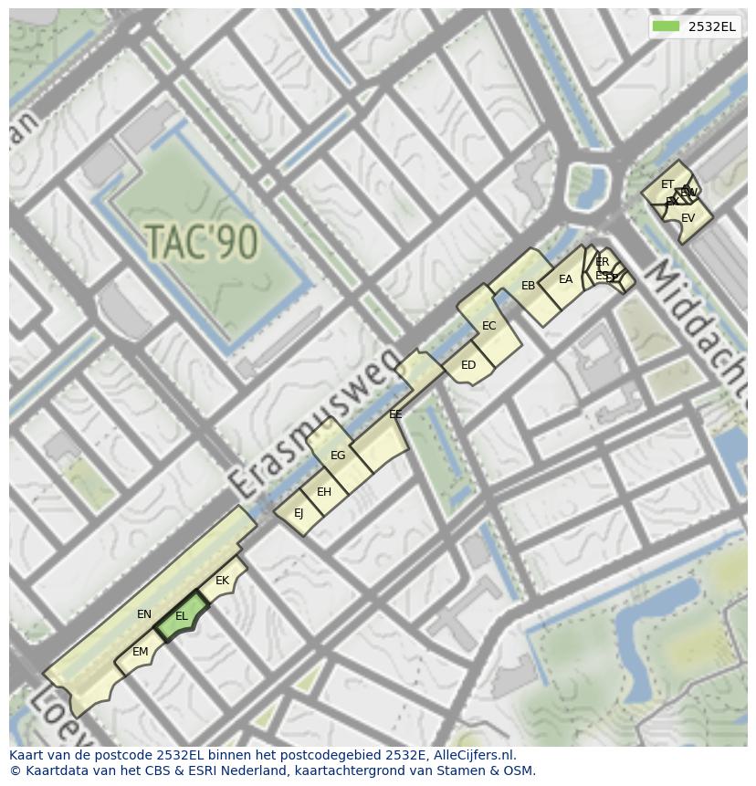 Afbeelding van het postcodegebied 2532 EL op de kaart.