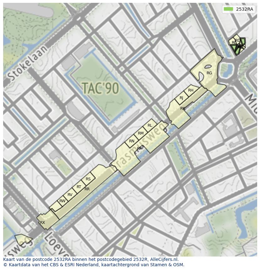 Afbeelding van het postcodegebied 2532 RA op de kaart.