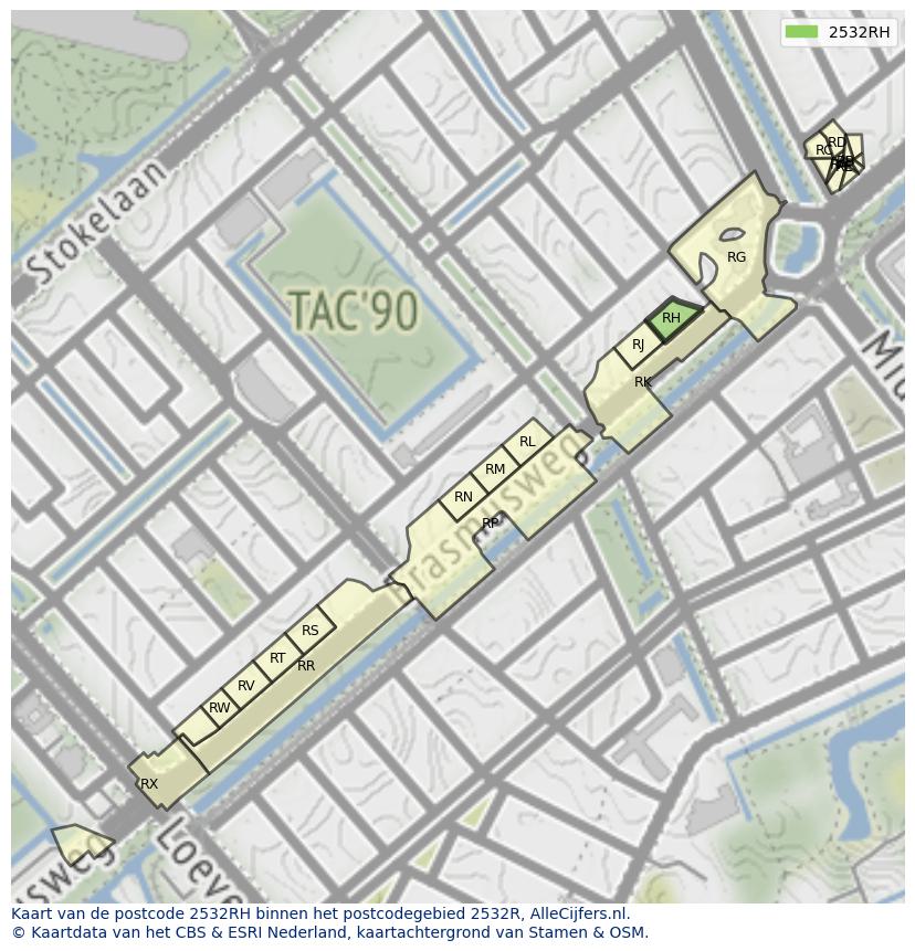 Afbeelding van het postcodegebied 2532 RH op de kaart.