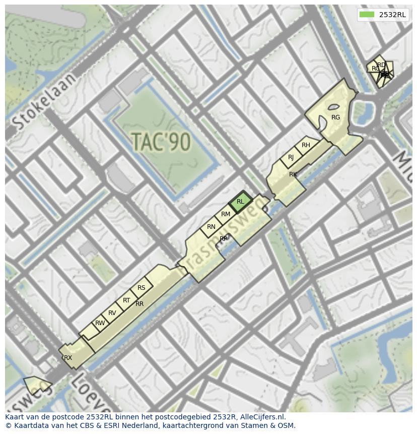 Afbeelding van het postcodegebied 2532 RL op de kaart.