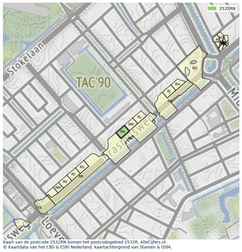 Afbeelding van het postcodegebied 2532 RN op de kaart.