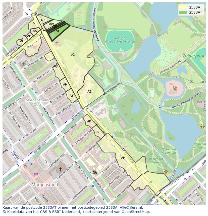 Afbeelding van het postcodegebied 2533 AT op de kaart.
