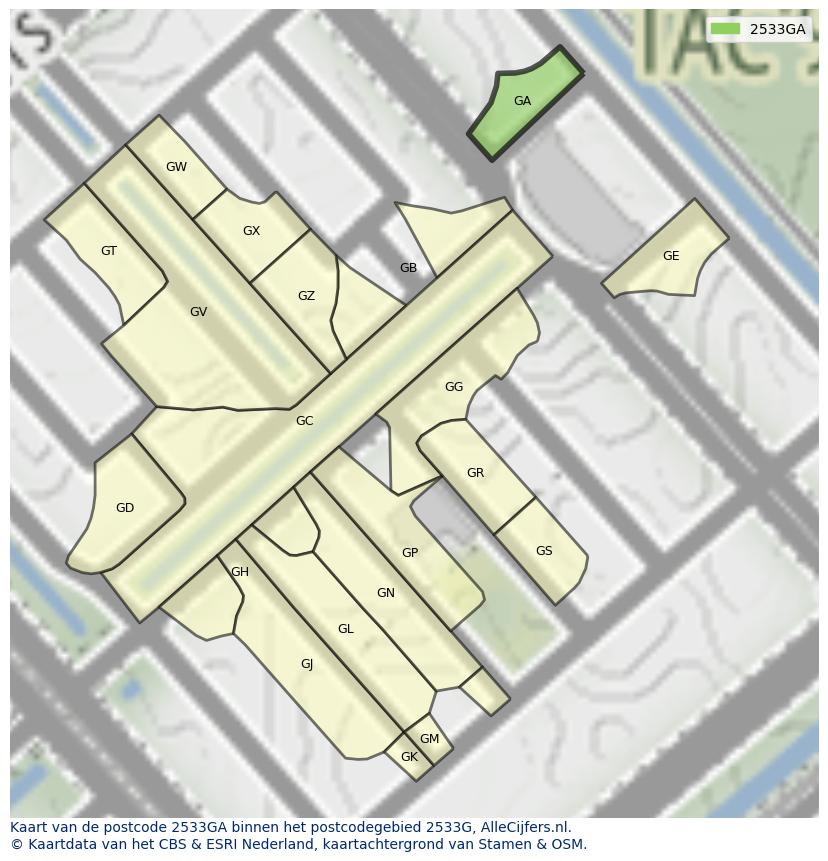 Afbeelding van het postcodegebied 2533 GA op de kaart.