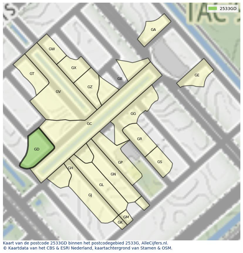 Afbeelding van het postcodegebied 2533 GD op de kaart.