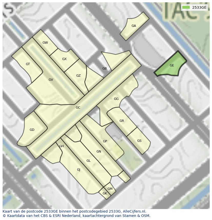 Afbeelding van het postcodegebied 2533 GE op de kaart.