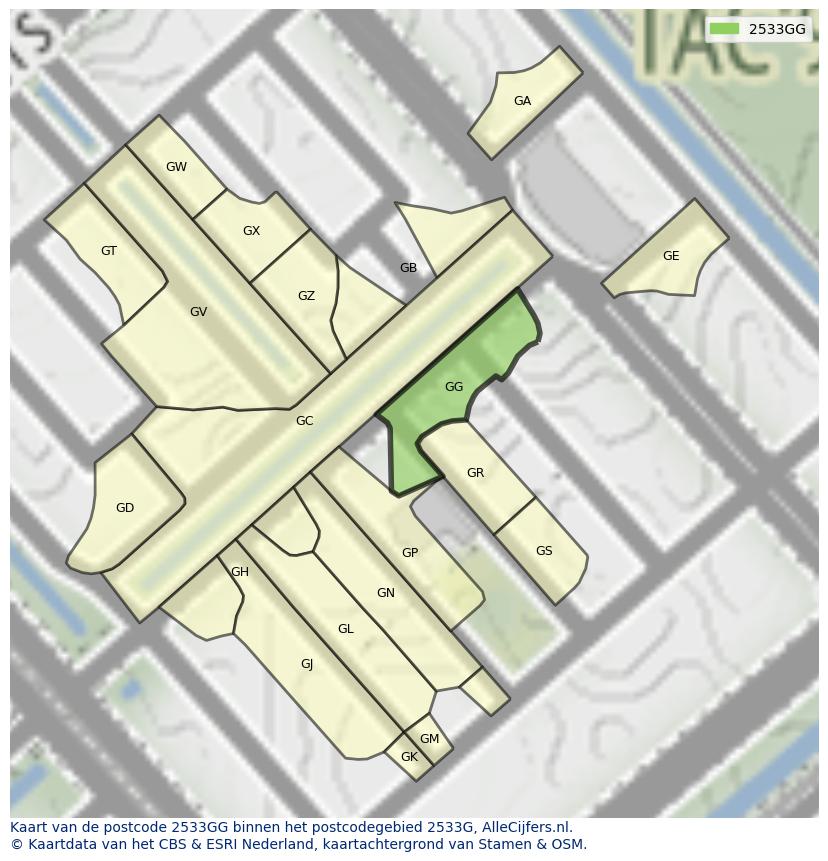 Afbeelding van het postcodegebied 2533 GG op de kaart.
