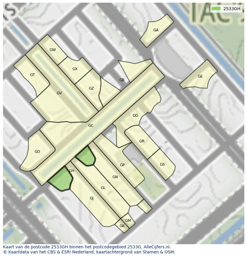 Afbeelding van het postcodegebied 2533 GH op de kaart.