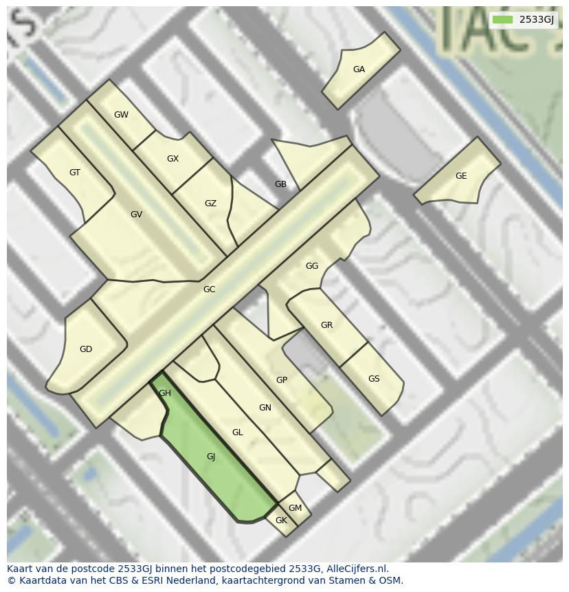 Afbeelding van het postcodegebied 2533 GJ op de kaart.