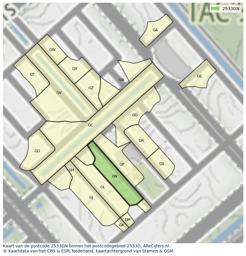 Afbeelding van het postcodegebied 2533 GN op de kaart.