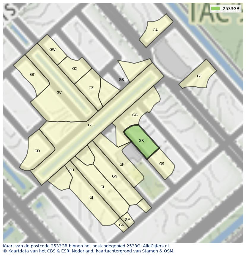 Afbeelding van het postcodegebied 2533 GR op de kaart.
