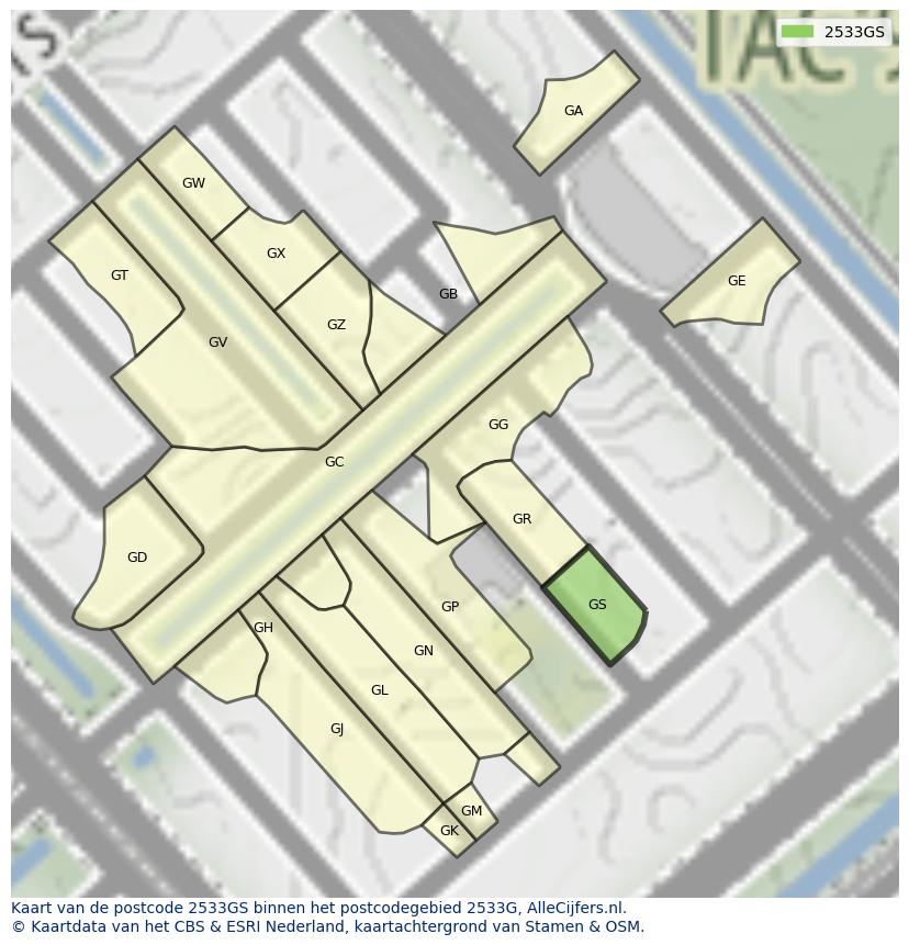 Afbeelding van het postcodegebied 2533 GS op de kaart.