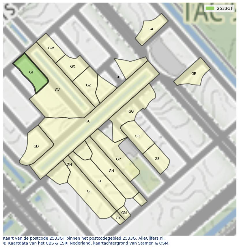 Afbeelding van het postcodegebied 2533 GT op de kaart.