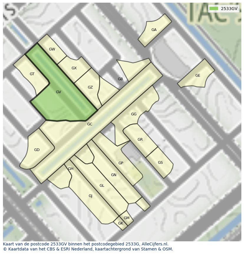 Afbeelding van het postcodegebied 2533 GV op de kaart.