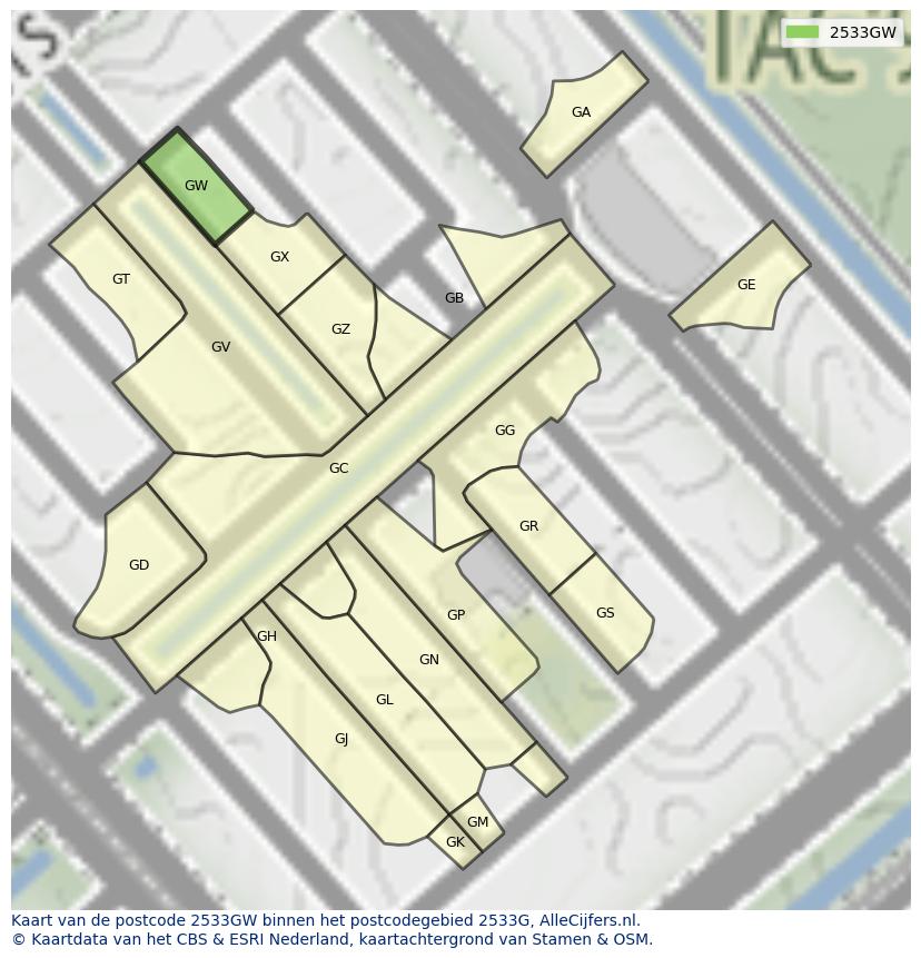 Afbeelding van het postcodegebied 2533 GW op de kaart.