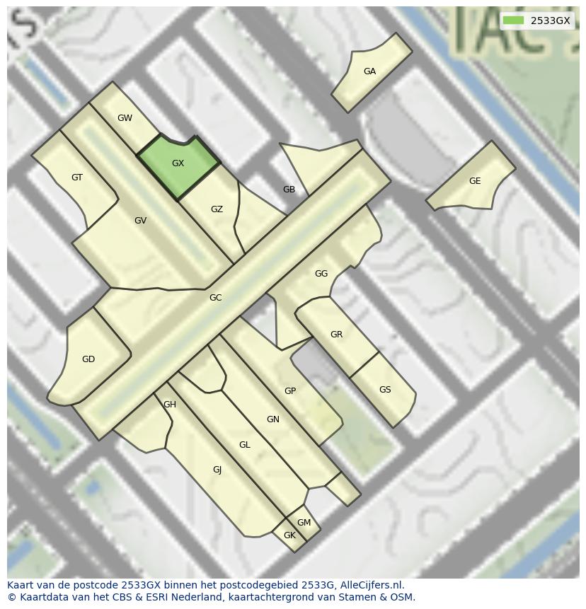 Afbeelding van het postcodegebied 2533 GX op de kaart.