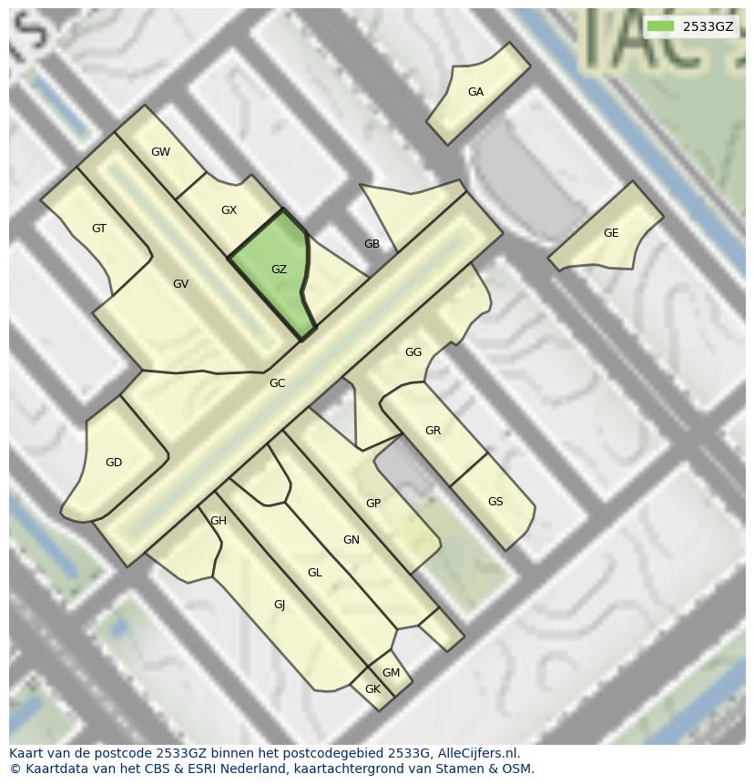 Afbeelding van het postcodegebied 2533 GZ op de kaart.