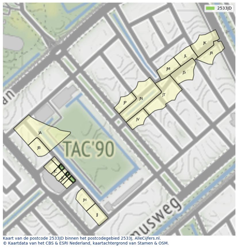 Afbeelding van het postcodegebied 2533 JD op de kaart.