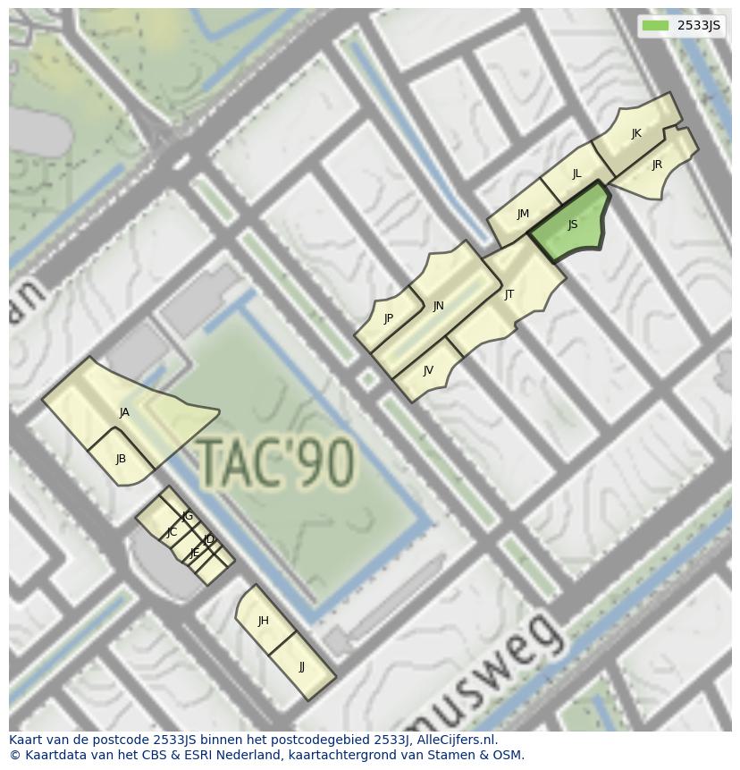 Afbeelding van het postcodegebied 2533 JS op de kaart.