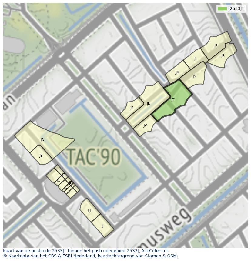 Afbeelding van het postcodegebied 2533 JT op de kaart.