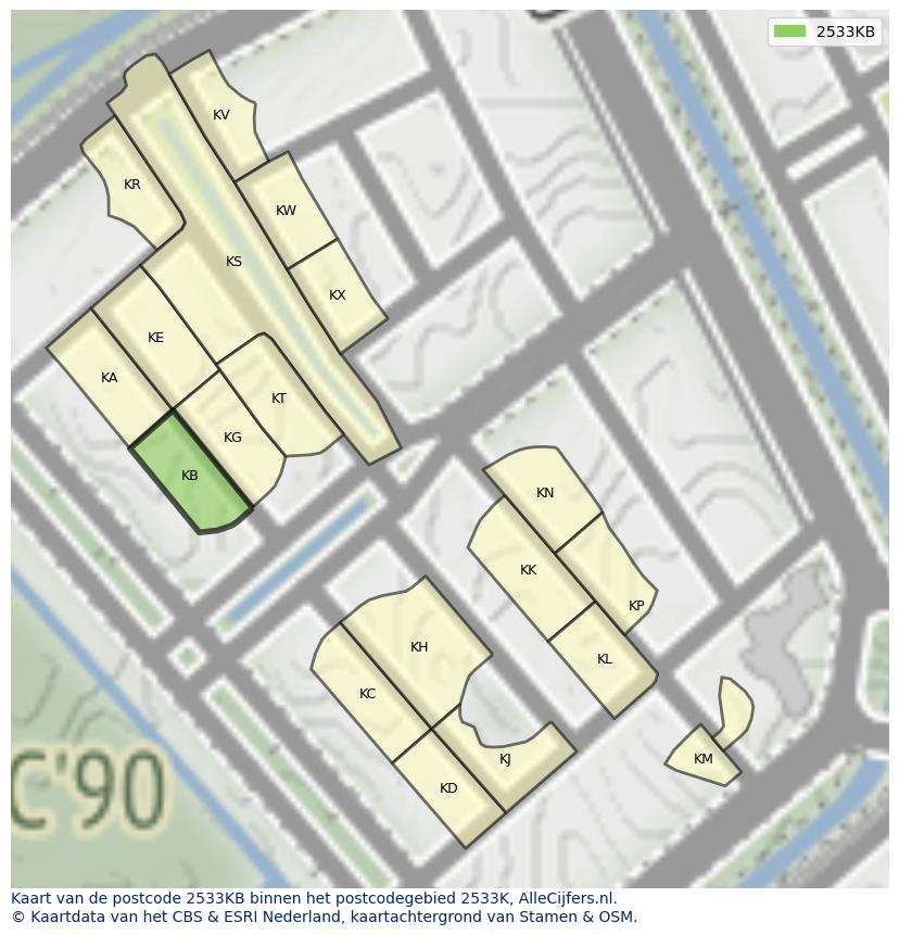 Afbeelding van het postcodegebied 2533 KB op de kaart.
