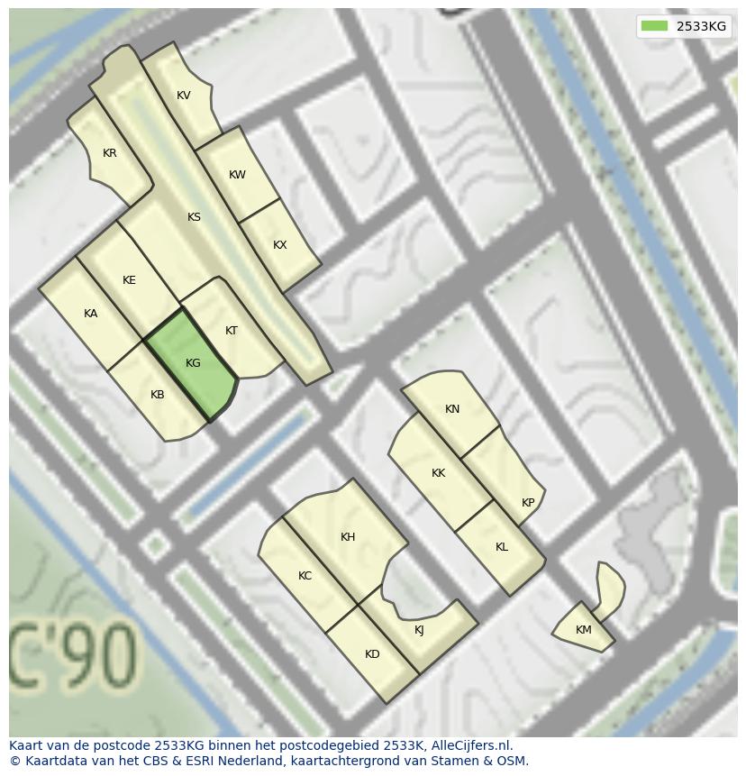 Afbeelding van het postcodegebied 2533 KG op de kaart.