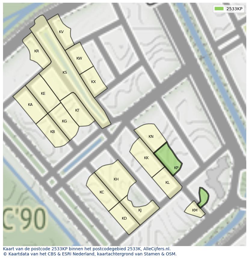 Afbeelding van het postcodegebied 2533 KP op de kaart.