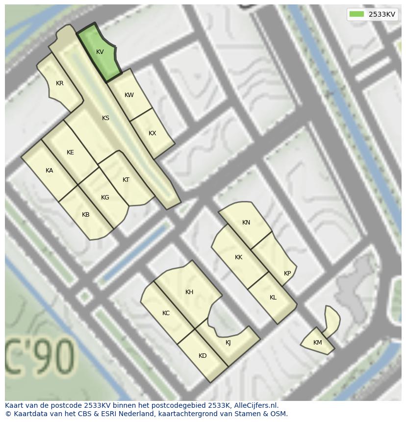 Afbeelding van het postcodegebied 2533 KV op de kaart.
