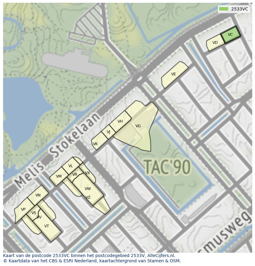 Afbeelding van het postcodegebied 2533 VC op de kaart.