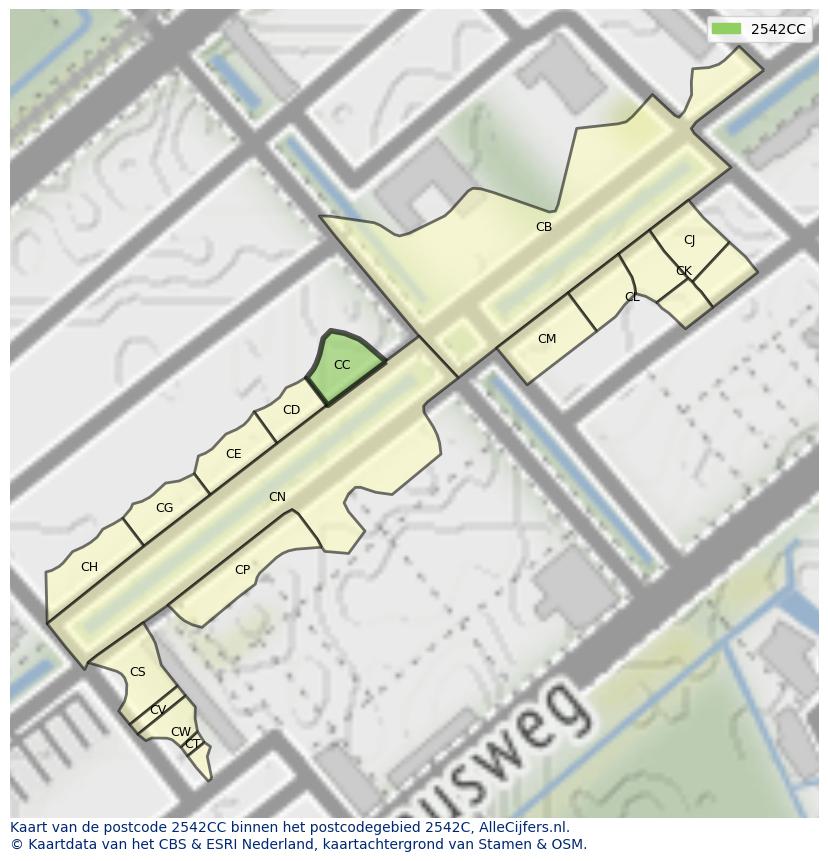 Afbeelding van het postcodegebied 2542 CC op de kaart.