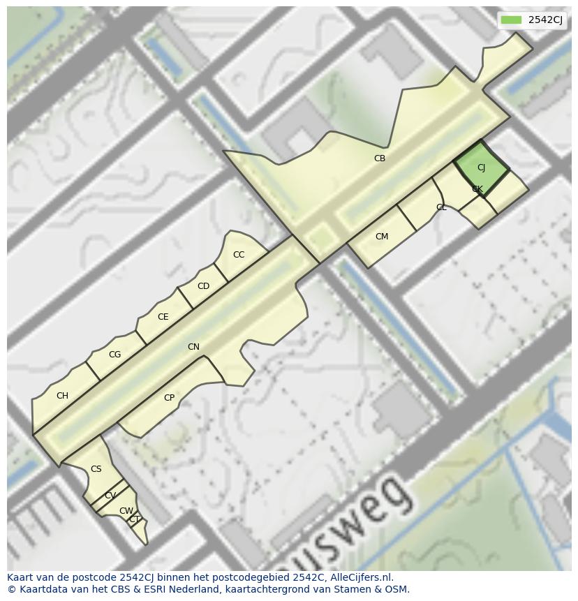 Afbeelding van het postcodegebied 2542 CJ op de kaart.