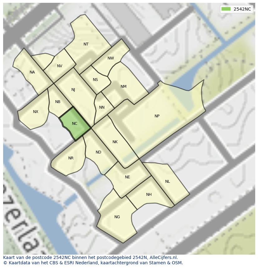 Afbeelding van het postcodegebied 2542 NC op de kaart.