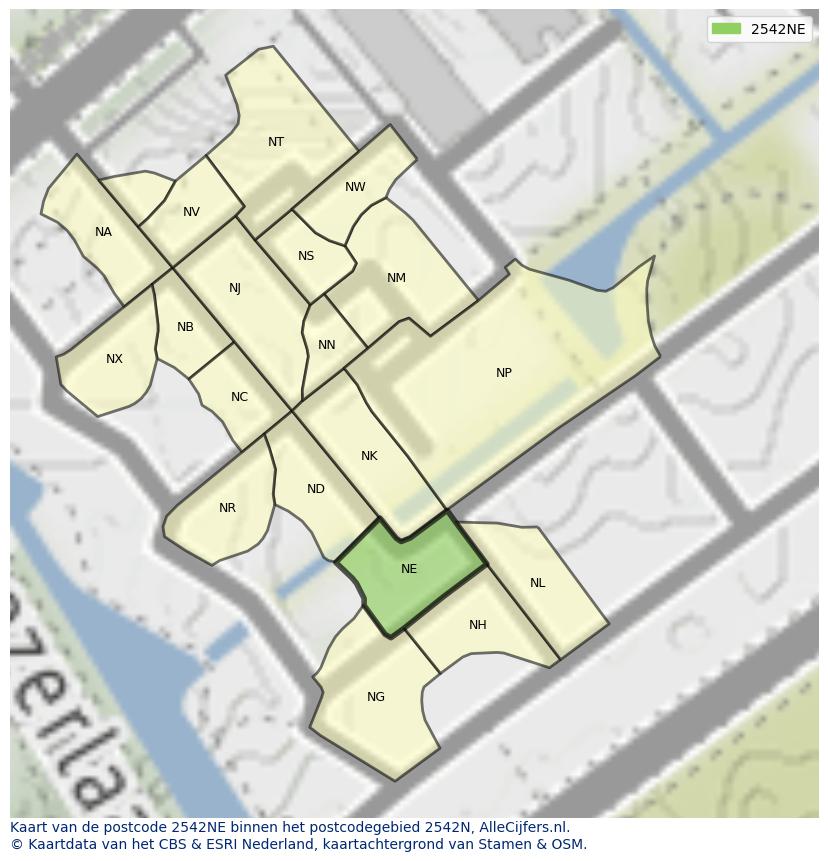 Afbeelding van het postcodegebied 2542 NE op de kaart.