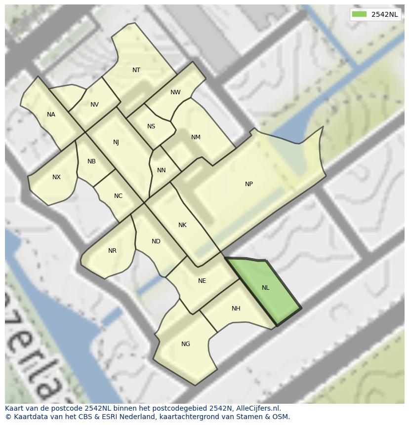 Afbeelding van het postcodegebied 2542 NL op de kaart.