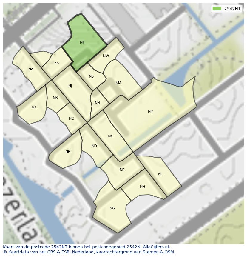 Afbeelding van het postcodegebied 2542 NT op de kaart.