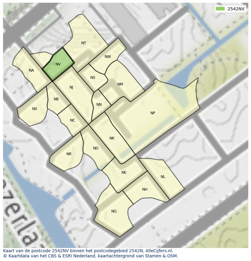 Afbeelding van het postcodegebied 2542 NV op de kaart.