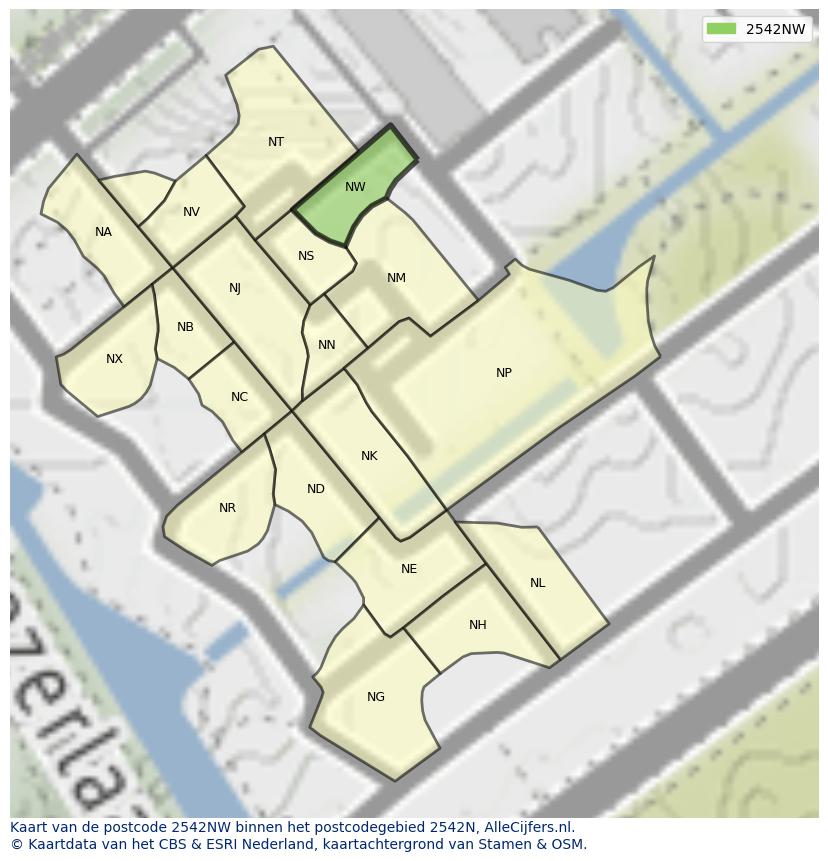 Afbeelding van het postcodegebied 2542 NW op de kaart.