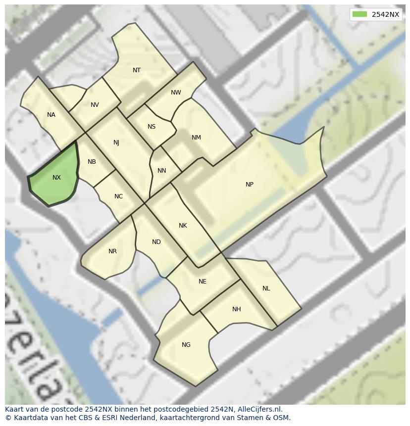 Afbeelding van het postcodegebied 2542 NX op de kaart.
