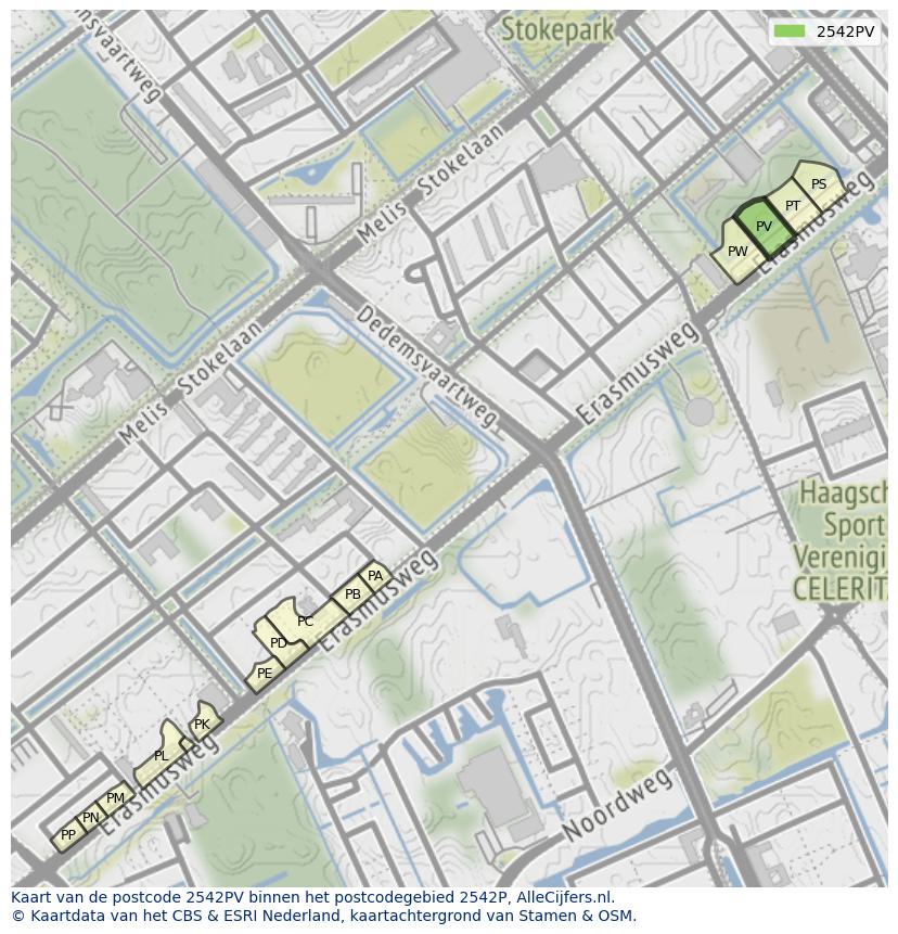 Afbeelding van het postcodegebied 2542 PV op de kaart.