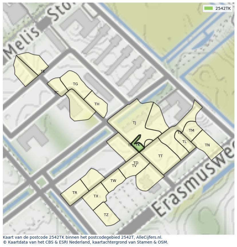 Afbeelding van het postcodegebied 2542 TK op de kaart.