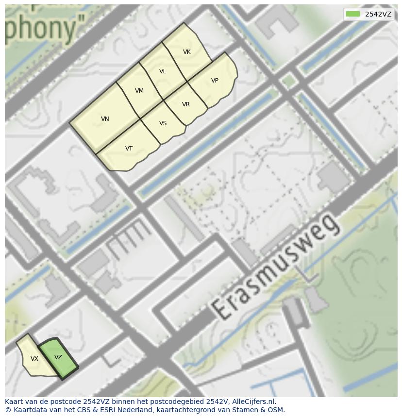 Afbeelding van het postcodegebied 2542 VZ op de kaart.