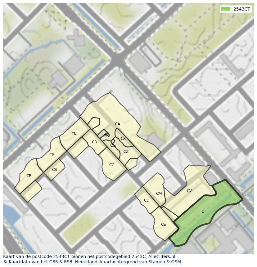 Afbeelding van het postcodegebied 2543 CT op de kaart.