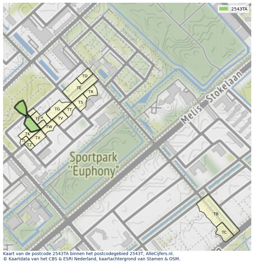 Afbeelding van het postcodegebied 2543 TA op de kaart.