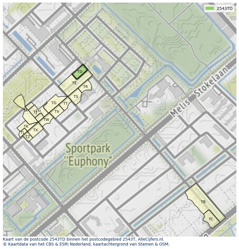 Afbeelding van het postcodegebied 2543 TD op de kaart.