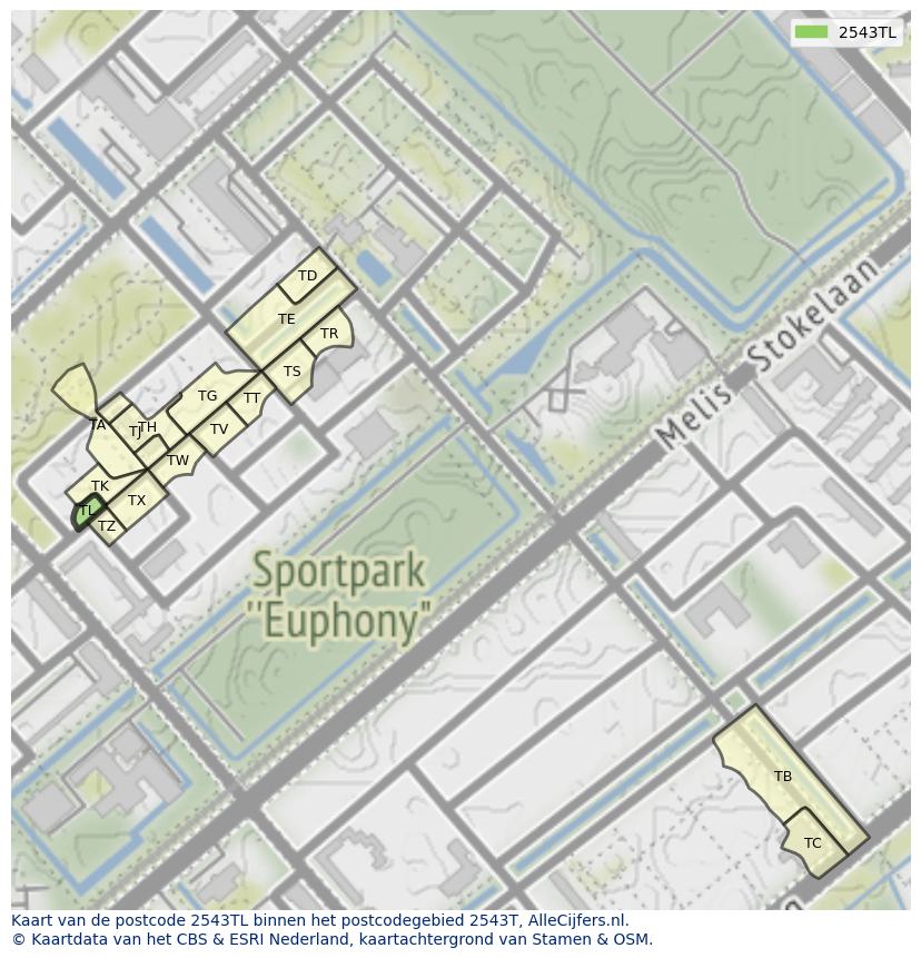Afbeelding van het postcodegebied 2543 TL op de kaart.